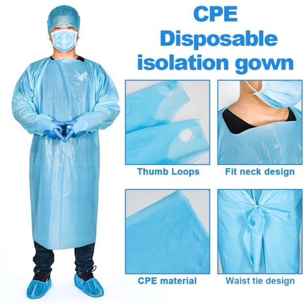 ชุดกาวน์ Isolation Gown (CPE)  ป้องกันสารคัดหลั่ง น้ำลาย - เสื้อกาวน์กันน้ำ - น้ำหนักเบาใช้แล้วทิ้ง