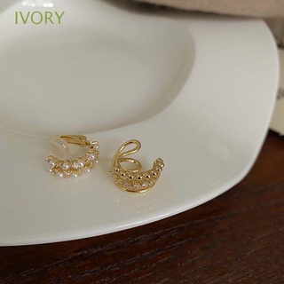 IVORY Elegant Pearl Ear Bone Clip Minimalist Korean Style Ear Cuff Clip Earrings Set Multi-layer Fashion Jewelry Gold Earrings Non Piercing Rhinestone Small Ear Circle Women Earrings