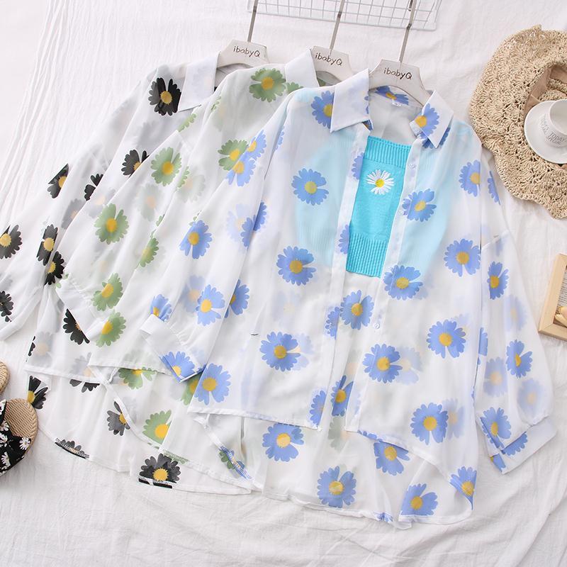 miss.th ใหม่ เสื้อเชิ้ตชีฟองลายดอกเดซี่เกาหลี เสื้อแขนยาวกันแดดผู้หญิง