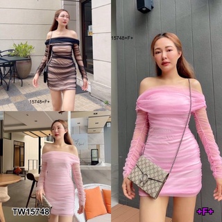 TW15748 Dress เดรสผ้ามุ้งฟรุ้งๆ เดรสั้นเปิดไหล่