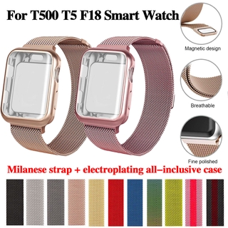 สาย Milanese + ไฟฟ้ารวมทุกอย่างสำหรับ T500 T5 F18 สมาร์ทวอทช์ 44 มม. สแตนเลสสตีลตาข่ายวง
