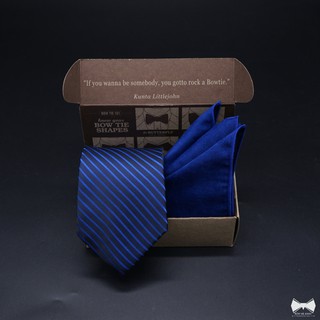 เซ็ทเนคไทน้ำเงินลายขวางในตัว+ ผ้าเช็ดหน้าสูทวูล-Royal Blue Regimental Necktie + Pocket square