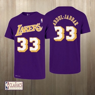 เสื้อยืดผ้าฝ้ายพิมพ์ลายแฟชั่นเสื้อยืดแขนสั้น พิมพ์ลาย NBA CLASSIC LAKERS 33 KAREEM ABDUL JABBAR สีม่วง