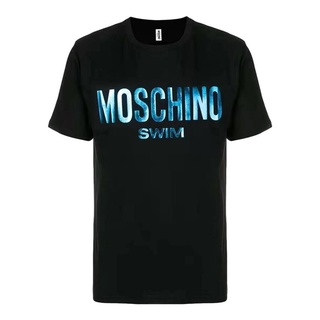 เสื้อยืดแขนสั้นลําลอง ผ้าฝ้าย พิมพ์ลายตัวอักษร Moschino สีฟ้า สําหรับผู้ชาย