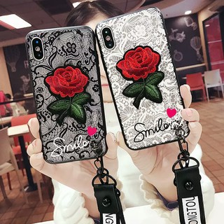 เคสกุหลาบลายปัก3Dสุดฮิต+สายคล้องมือ/สายคล้องคอ