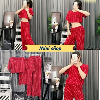 Mini shop🌸พร้อมส่ง🌸 (DX-1632) ชุดเซ็ท 3in1 สีแดง เสื้อแขนสั้น+เสื้อครอป+กางเกง
