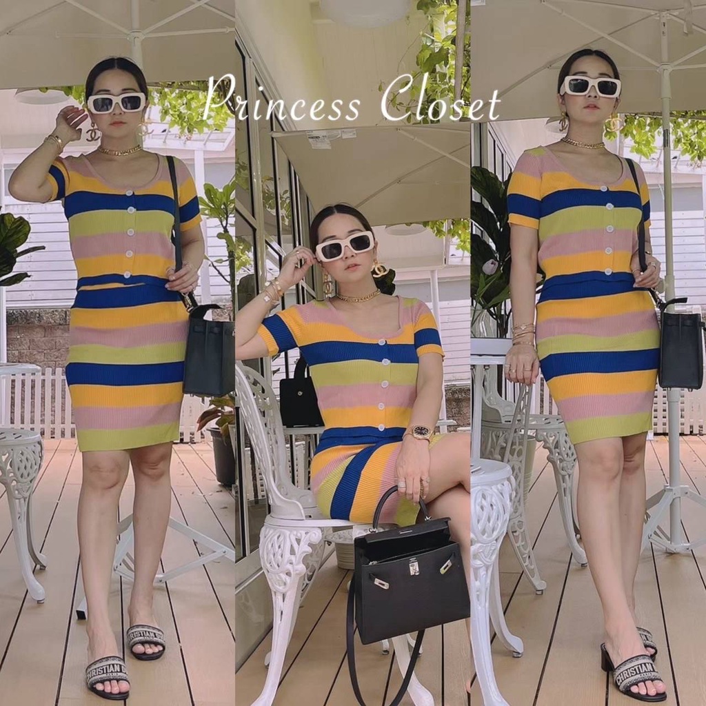 bybeyond ชุดเซ็ตไหมพรม มีกระดุมติด ลายริ้ว ผ้าใส่สบาย เสื้อกระโปรง ฮิต ...