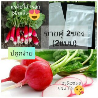 เมล็ดผัก แรดิช แรดิชไส้กรอก+แรดิชแดงกลม ขายคู่(2ซอง)อย่างละ50เมล็ด