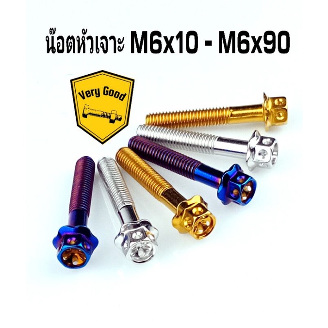น๊อตหัวเจาะ(โบตั๋น)สแตนเลส M6x10- M6x90 (เบอร์10) มี 3 สี เงิน ทอง ไทเท (ราคาตัวละ)