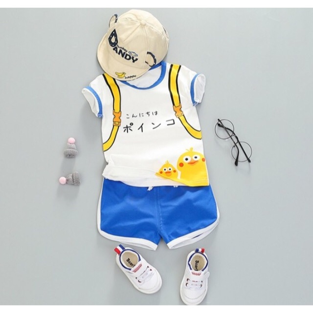 BC458A ชุดเด็ก เสื้อสกรีนกระเป๋าเป้ไก่เหลือง + กางเกง (2ข/3ข/4ข/5ข)