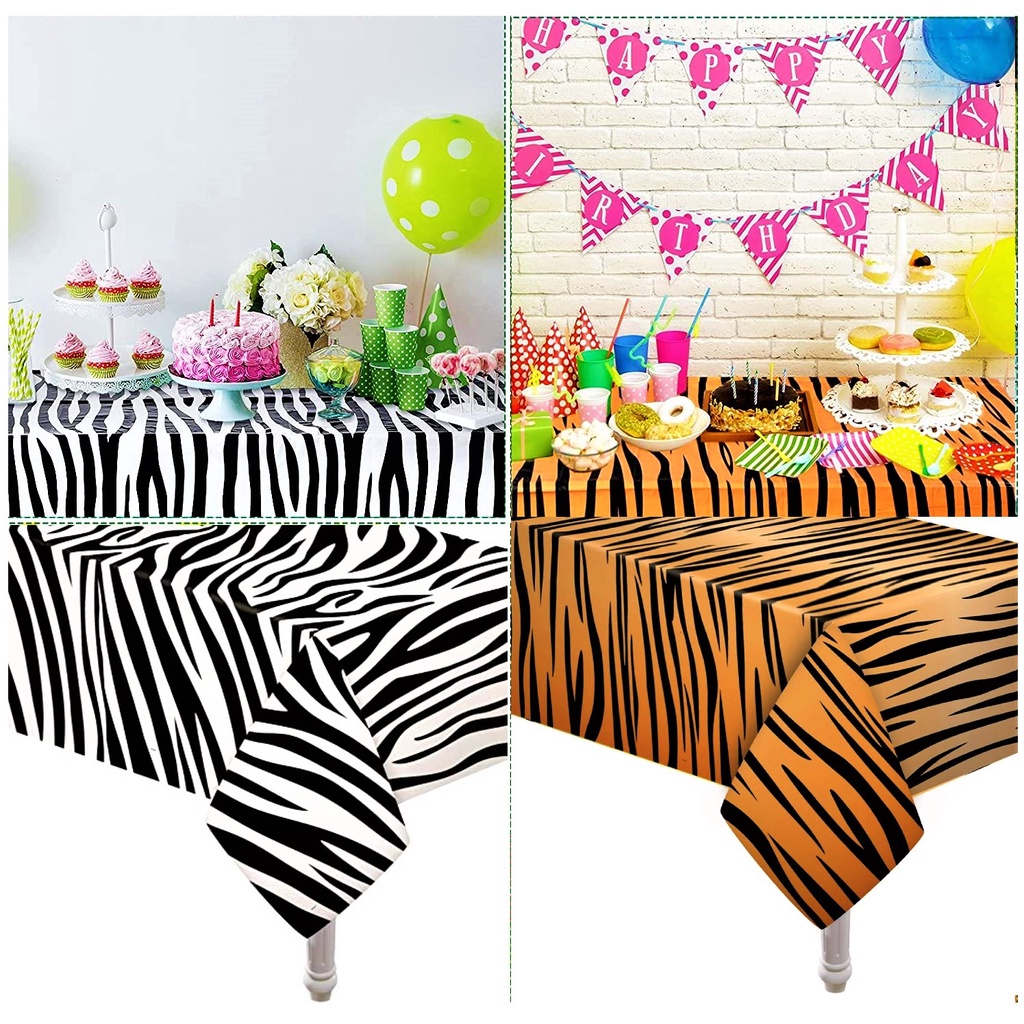 ผ้าปูโต๊ะพลาสติก ซาฟารี ม้าลาย เสือ 137x274cm ผ้าปูโต๊ะ Safari Tiger Zebra Printed Plastic Tablecloth Table Cover Party