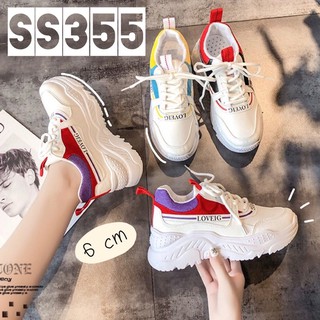 SS355 รองเท้าผ้าใบส้นตึกทรงสปอร์ต สไตล์เกาหลี สีขาวแดงม่วง/ดำ/ฟ้าเหลือง