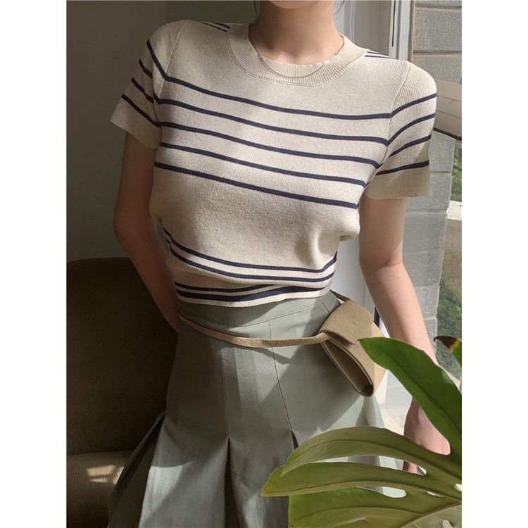 🌟KFC🌟🧃เสื้อไหมพรมแขนสั้น🧃 คอกลม แต่งลายขวาง ผ้าใส่สบาย สไตล์เกาหลี🧃 #B32 - รูปที่ 7