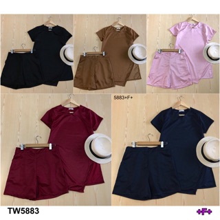 TwinsShopVip💗พร้อมส่ง TW5883 Set 2ชิ้น เสื้อคอวีตัวยาว+กางเกง ผ้าNK