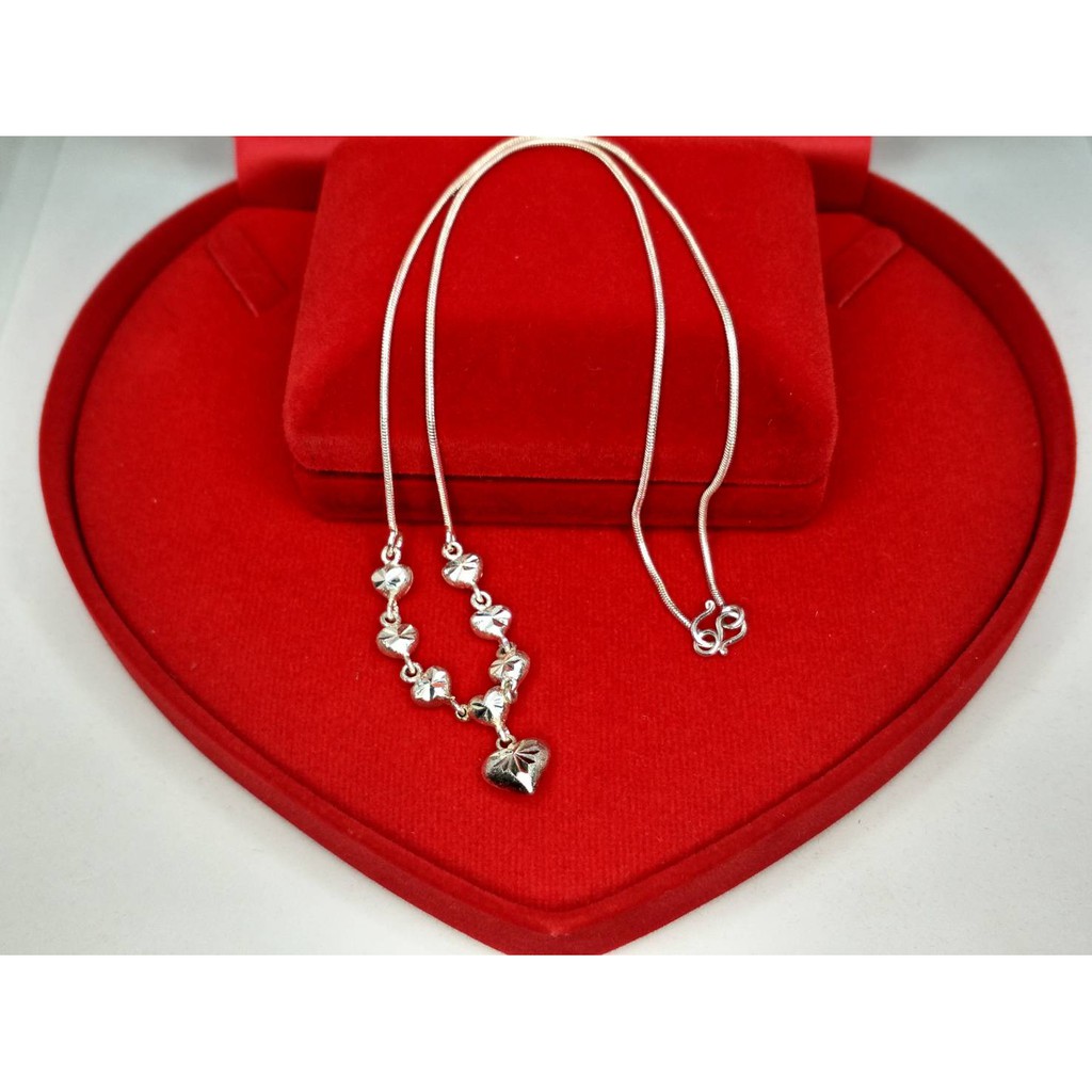 PSN120 สร้อยคอเงินระย้า ลายกระดูกงูกลมคั่นหัวใจห้อยจี้หัวใจ ชุบเศษเงินแท้925 ยาว45cm สินค้าพร้อมส่ง