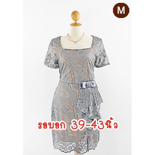 E2135-1-M-ชุดเดรสคนอ้วน สีเทา ผ้าลูกไม้คอตต้อน คอเหลี่ยม จับจีบระบายด้านข้างการะโปรง