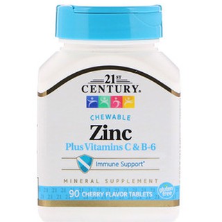 ซิงค์ สังกะสี Zinc Plus Vitamins C &amp; B-6, Cherry Flavor, เม็ดเคี้ยว, 21Century