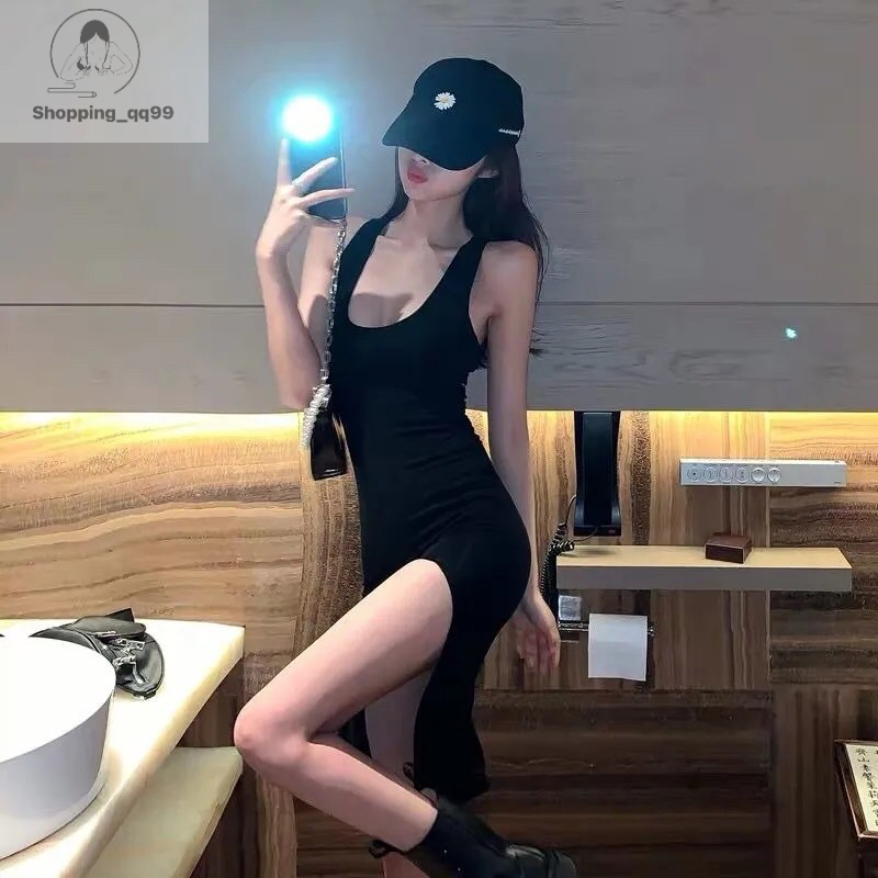 ❤️Hot sale🔥D4 เดรสยาว สีดำ รัดรูป ผ่าข้าง เดรสสุดเซ็กซี่ สายฝอ