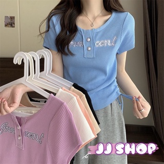 JJ shop💜 พร้อมส่ง เสื้อไหมยืดไหมพรมแขนสั้น ลายตัวหนังสือผ้าร่องใส่แล้วน่ารักมาก "59213"