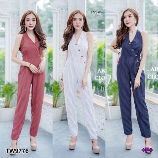 Jumpsuit จั๊มสูทขายาวผูกคอ แต่งกระดุมโค้งเว้า ช่วงหลัง