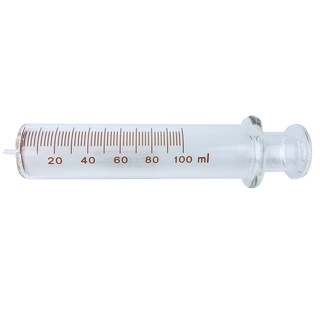 หลอดฉีดยาแก้ว ขนาด 100 ml. ปลายฉีดทำจากแก้ว (Glass Syringe Tips) กระบอกสูบชนิดขุ่น (Grounded Barrel)