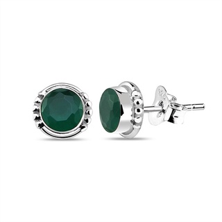 Silver thai 925 Silver Emerald Green Round Stud Earring ต่างหูเม็ดกลมสีเขียวมรกตเงินแท้ 925