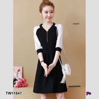 PE11847 Dress เดรสแขนศอก ผ้าวอร์ม แต่งซิปอก เอวยืดหลัง มีกระเป๋าล้วง 2 ข้าง