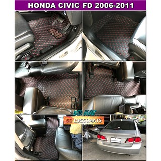 HONDA CIVIC FD (ปี 2006-11) พรมรถยนต์6D สีดำด้ายแดง (3ชิ้น) เข้ารูป