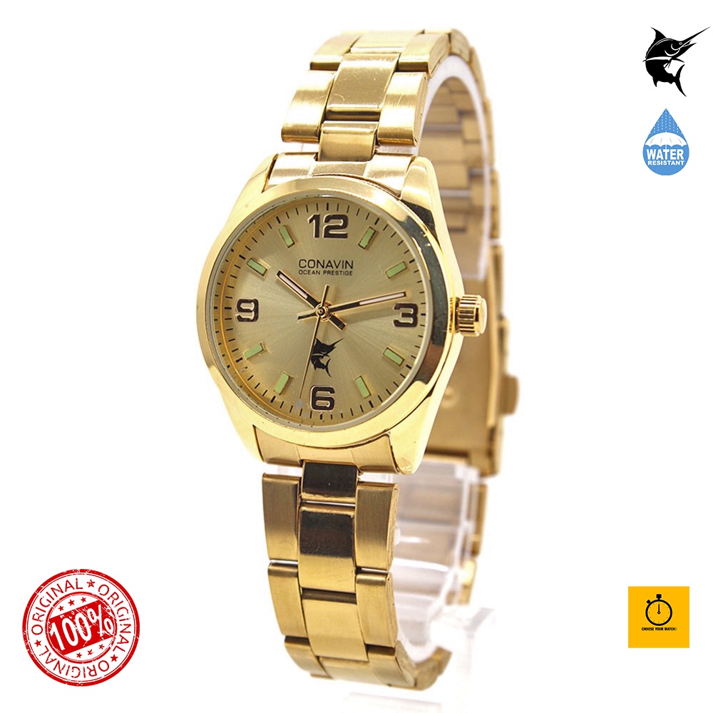 (สินค้าแท้ 100%) CONAVIN นาฬิกาข้อมือผู้หญิงระบบ Quartz สายสแตนเลสเรือนเหล็กสีทอง Classic กันนํ้าได้ (พร้อมจัดส่งทันที)