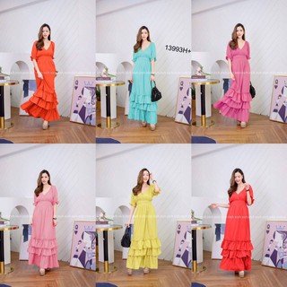 MF13993   Maxi Dress แม็กซี่เดรสแขนดอลลี่ คอวีหน้า-หลัง ผ้าไหมอิตาลี่ ชายเดรสแต่งระบาย 3 ชั้น พร้อมส่ง