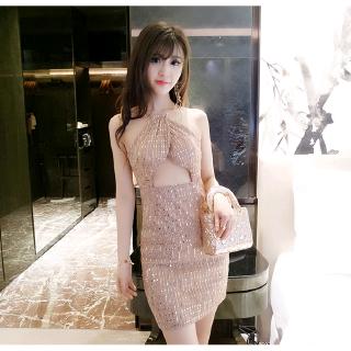 2018 ชุดสตรีฤดูร้อนใหม่เซ็กซี่ไนท์คลับ Hollow BAG Hip bronzing Hanging Neck DRESS