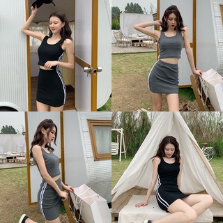 🔥ราคาถูกที่สุด🔥ชุดเซ็ตแฟชั่น 2 ชิ้น แต่งแถบ เสื้อกล้ามคอกลม+กระโปรงสั้นเอวยางยืด