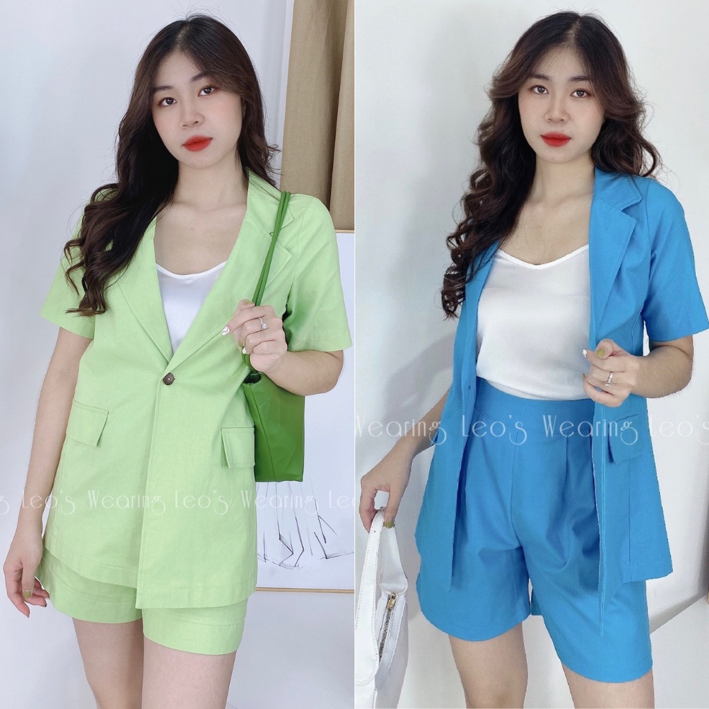 Set 2 ชิ้น เสื้อกั๊กเบลเซอร์ผสมกางเกงขาสั้นเอวสูงขากว้าง LEOSWEARING Powder Linen K53 L158 L218
