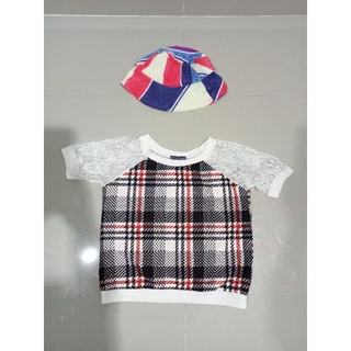 เสื้อยืดงานเก๋ป้าย ลายสก็อตแต่งแขนลูกไม้ sm ใส่สวยผ้าสวยดียืดหยุ่น ใส่สองครั้ง