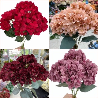 ดอกไฮเดรนเยียช่อบูเก้ 5หัว สีวินเทจ CD ดอกไฮเดรนเยียสีแดง Hydrangea ไฮเดรนเยียปลอม ไฮเดรนเยียผ้า  ดอกไม้ปลอม เสมือนจริง