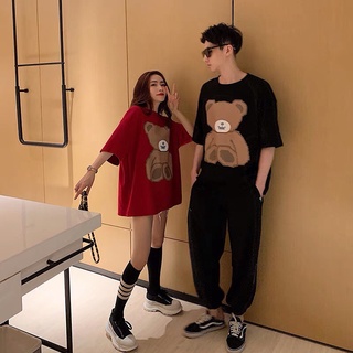 Korean unisex brown bear couple short-sleeved loose t shirt for men women in 2 colors