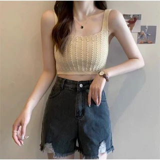 Cicishop(44125) เสื้อครอปTOPไหมพรมสายเดี่ยวทอลาย สีสันสดใสแมทกับกางเกง กระโปรงได้สุด น่ารักเป็นsocuteมากๆ