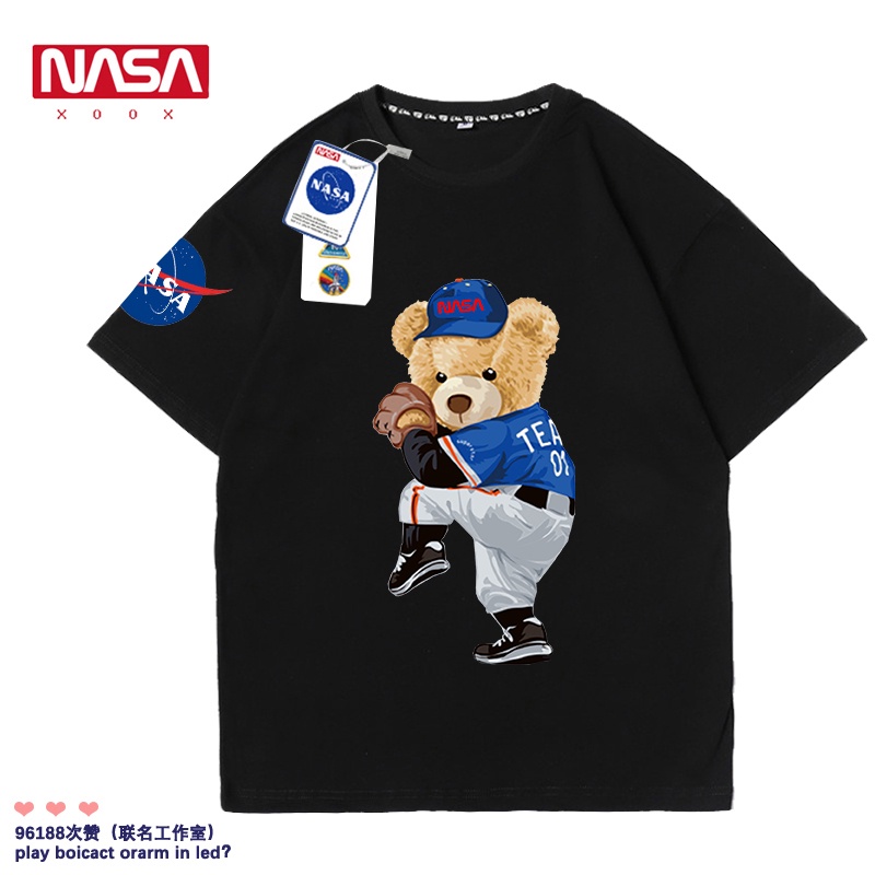 nasa joint fun เบสบอลหมีแขนสั้นเสื้อยืดผู้ชายและผู้หญิงคู่ฤดูร้อนน้ำแบรนด์หลวมการ์ตูน clothesเสื้อยื