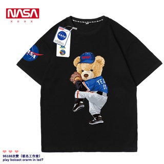 nasa joint fun เบสบอลหมีแขนสั้นเสื้อยืดผู้ชายและผู้หญิงคู่ฤดูร้อนน้ำแบรนด์หลวมการ์ตูน clothesเสื้อยืดวินเทจเสื้อเชิ้ตแขน