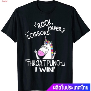 แขนสั้นcrew neck 2021 การส่งเสริม  ยูนิคอร์น  ฝัน การ์ตูน Rock Paper Scissors Throat Punch I Win Unicorn T-Shirt ค