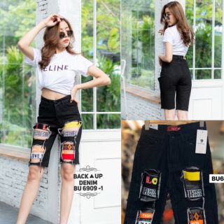 Back up denims BU-6909-1 กางเกงยีนส์ผ้าด้านขาสามส่วนสีดำแต่งขาดปะผ้าแฟชั่น