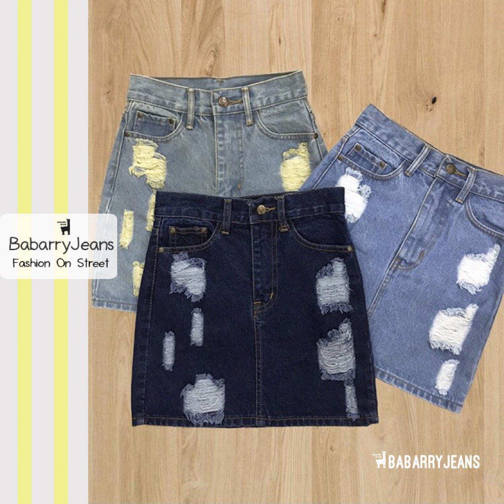 BabarryJeans กระโปรงยีนส์ เอวสูง แต่งขาดเซ่อร์ ผ้าไม่ยืด สีสนิม/ สีอ่อน/ สีเข้ม