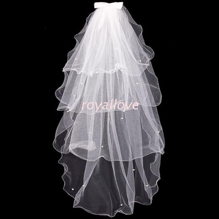 Royal Tulle ผ้าคลุมผม ประดับโบว์ ไข่มุกเทียม หลายชั้น สีขาว สําหรับเจ้าสาว งานแต่งงาน