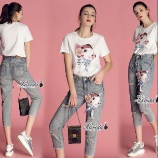 Korea Design By Lavida Pretty pig embroidery denim set