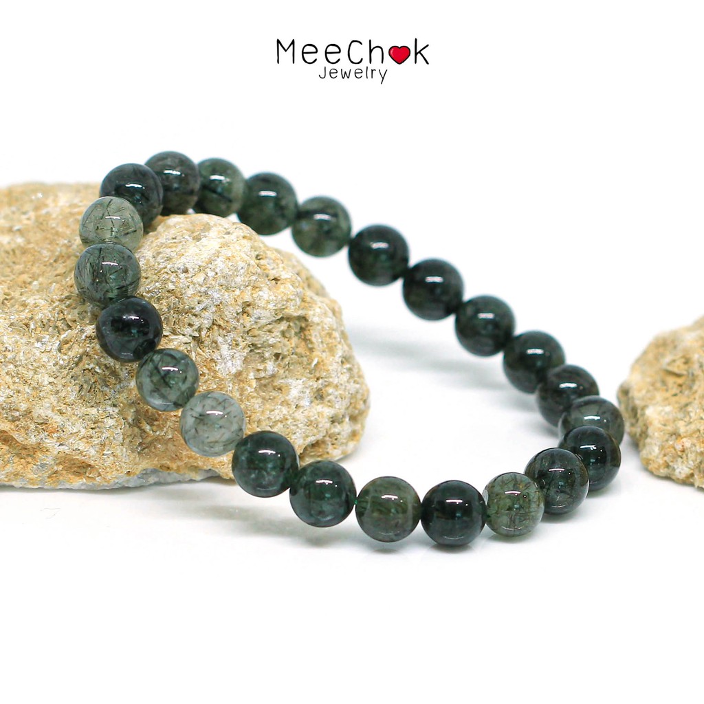 หินไหมเขียว Green Rutile Quartz 8 มิล เสริมความสามัคคีกลมเกลียว ปกป้องภัยอันตราย หินมงคล หินสีเขียว 