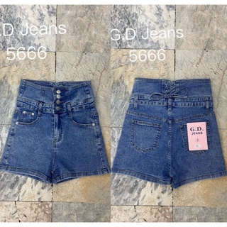 5666 G.D Jeans ยีนส์ขาสั้นผ้ายืด(เอวสูง)ฟอกสียีนส์ฟ้า แต่งเชือกตาไก่หลังเอวแบบสุดเก๋