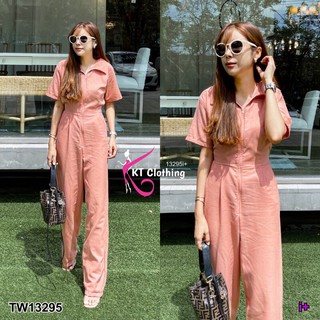 Jumpsuit จั๊มสูทยาว คอปก ดีเทลสม็อกเอวช่วงหลัง ซิปหน้า KP13295