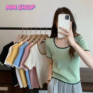 MM shop❤️#29028 เสื้อครอปไหมพรม คอกลม แขนสั้นเสื้อยึดไหมพรมคอกลม#เสื้อเเฟชั่นเกาหลีแขนสั้นปักขอบสี