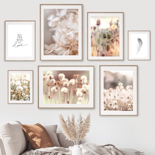 ภาพวาดผ้าใบ รูปดอกแดนดิไลออน ดอกเดซี่ สีเบจ สไตล์นอร์ดิก สําหรับตกแต่งผนัง
