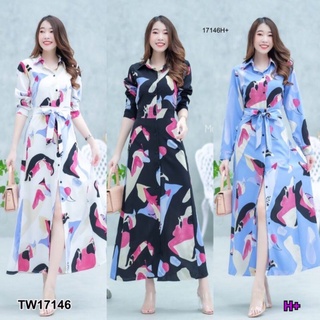 ชุดเดรสยาวปกเชิ้ต สีขาว ดำ ฟ้า TW17146 CL2849